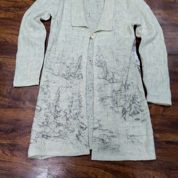 Coldwater Creek Wool Long Cardigan Beige & Gray Alpine Scenic Artsey - Picture 8 of 15